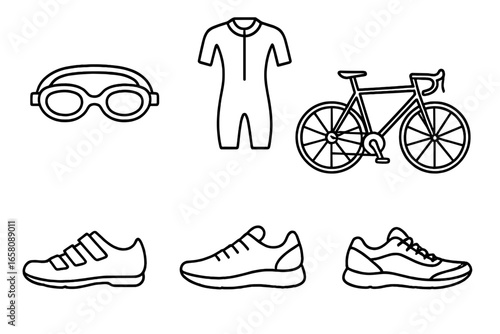 Triathlon gear essential outline icons set. Swimming goggles, wetsuit, road bike, cycling shoes, running shoes. Minimalist vector illustration for sports triathlon preparation and equipment.