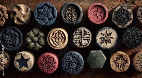 Hand-carved wooden stamps, various designs