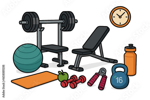 Fitness equipment and gym accessories set for workout and strength training. Vector icon collection with barbell, dumbbell, kettlebell, bench press for a healthy lifestyle.