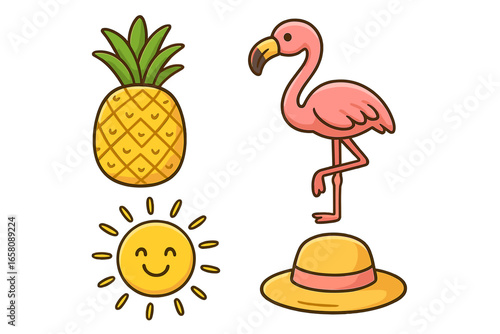 Tropical summer elements with pineapple, pink flamingo, bright sun, and straw hat in playful cartoon style, vibrant fun design perfect for summer vacation and beach themes, vector illustration