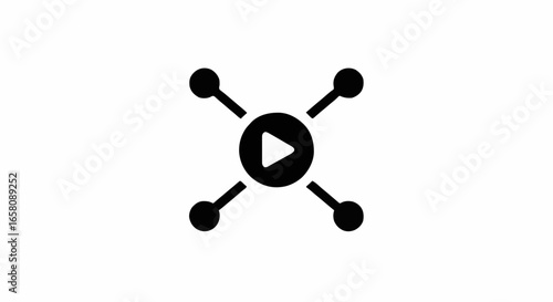 Minimalist vector icon, solid black play button at the center, four diagonal branches extending to circular endpoints, on a white background, symbol of media sharing and network connections