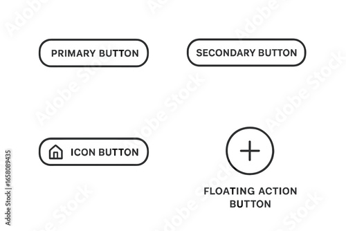 Modern UI button icon set outline. Primary button, secondary button, icon button, floating action button. Vector design for app interface, web, technology, UX, usability, mobile, minimal, digital UI