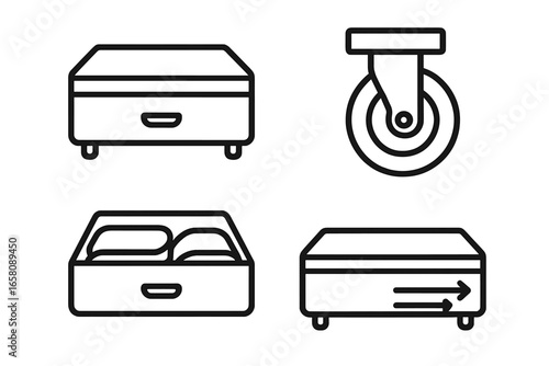 Modern under-bed storage drawers icon set. Sliding pull-out drawer, caster wheel, folded clothes storage, mobility concept. Minimal outline vector for bedroom, space-saving furniture, organization