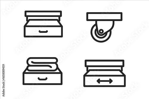 Under-bed storage drawer icons set. Outline vector illustration of pull-out drawers with sliding mechanism, caster wheel, folded clothes, storage box symbol. Home organization furniture concept