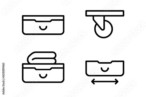 Under Bed Drawer Storage Icons Set. Outline style vector of sliding pull-out drawers, caster wheel mechanism, folded clothes storage, expandable multifunction furniture. Interior bedroom organization.