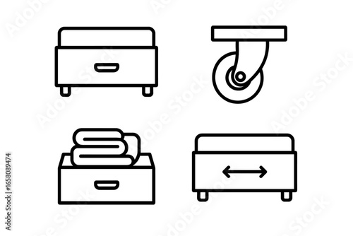 Outline icon set of under-bed sliding drawers with pull-out storage, caster wheels, folded clothes, and sliding mechanisms, vector illustration on transparent background for home organization