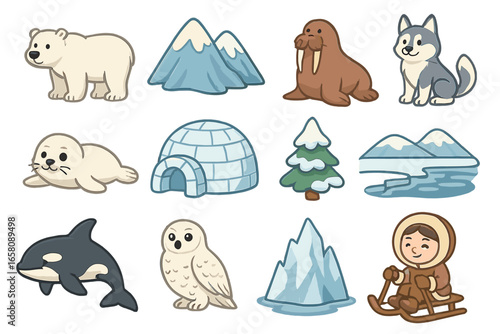 Arctic wildlife vector icons set, polar animals, igloo, sledding, mountains, snowy landscapes, icebergs, husky dog, seal, walrus, owl, orca, winter activities, cartoon illustration, transparent PNG