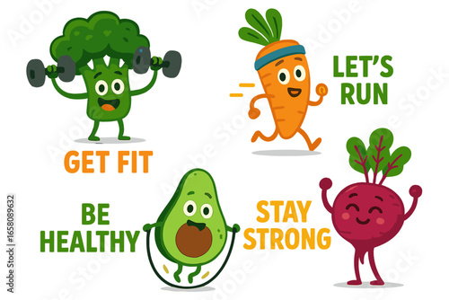 Playful vegetable characters promoting fitness and healthy living. Healthy lifestyle cartoon food mascots. Broccoli with dumbbells, running carrot, avocado with jump rope, strong beet.