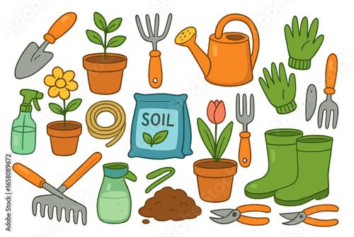 Big set of colorful gardening tools and icons. Cartoon vector collection for garden work. Plant, flower pot, soil, shovel, rake, watering can. Spring planting and farming.