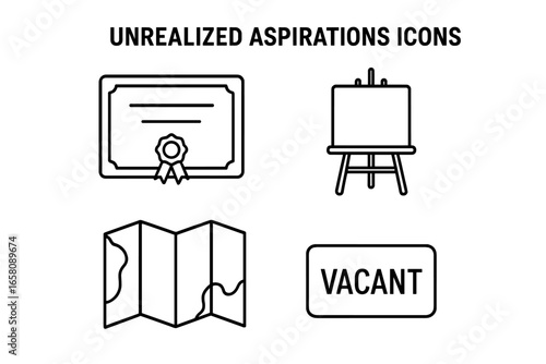 Outline vector set of unrealized aspirations icons including blank diploma, empty easel, unfolded map, and vacant symbols representing unfulfilled dreams and goals on transparent background