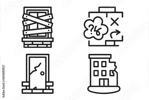 Urban Ruins Icons Set. Outline Vector Illustrations of Abandoned Structures, Boarded-Up Windows, Cracked Doors, Graffiti Walls, Derelict Buildings, Neglected Urban Decay, City Disaster Scenes