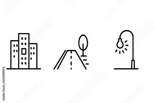 Urban solitude vector icon set. City skyline with single lit window, empty street, lone street lamp. Outline style. Quiet urban environment, loneliness, isolation, nighttime, minimal line design.