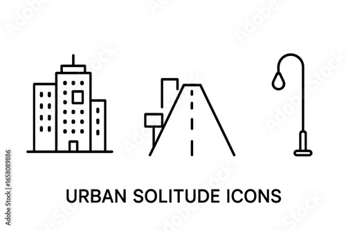 Urban solitude city skyline icons with lone streetlamp and one lit window, empty street outline vector set, minimalistic night cityscape illustration on transparent background