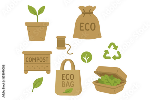 Eco friendly icons set for sustainable living. Zero waste concept with compost bin, recycling symbol, eco bag and organic food packaging. Vector illustration flat cartoon style.