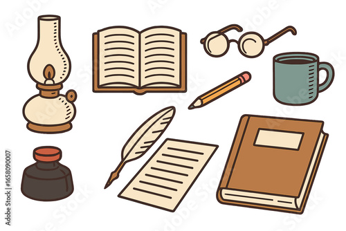 Vintage writing tools set for author or literature enthusiast. Retro book, quill pen, inkwell, oil lamp, glasses. Classic library, education, and poetry icons collection.