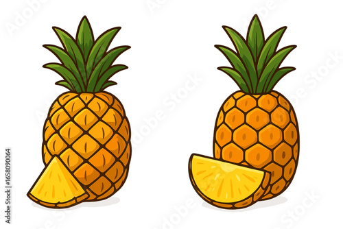 Pineapple vector illustration set. Two cartoon tropical exotic fruits with slices. Healthy food icon collection for summer design, juice logo, or menu. Isolated graphic element.