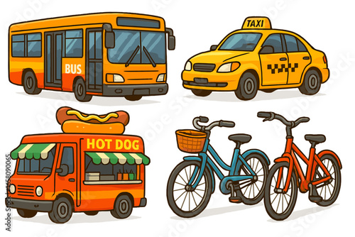Vibrant urban transportation and street food scene with colorful vehicles, bicycles, and lively city life, vector cartoon illustration on transparent background, ordered set 3