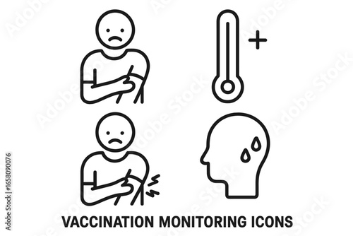 Vaccination Side Effects Monitoring Vector Set. Outline Icons of Patient Arm Pain, Fever Thermometer, Sweating, Adverse Reaction Symptoms. Medical Injection Aftercare, Health Safety Illustration