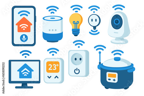 Various smart home devices showcasing connectivity and functionality in modern households, vector cartoon illustration with transparent background, organized set of home automation technology icons