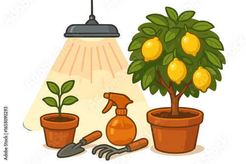 Indoor gardening concept with a lemon tree and seedling under a grow light. Vector illustration of home horticulture, potted plants, gardening tools, and cultivation hobby.