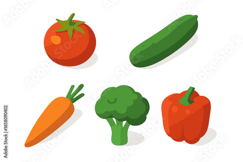 Isometric flat vegetable icon set featuring fresh assorted vegetables including tomato, cucumber, carrot, broccoli, and bell pepper in vector illustration on transparent background