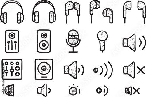 Hand drawn audio and music equipment icons headphones