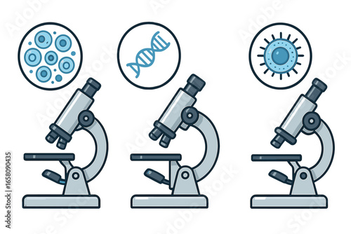 Set of microscopes for scientific research. Laboratory analysis of cells, DNA helix, and virus. Biology, genetics, and medicine concept. Vector cartoon icon illustration.