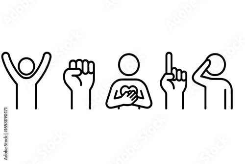 Outline vector icons set of expressive victory gestures, raised arms, clenched fist, hands on heart, pointing upward finger, salute sign. Emotional body language isolated transparent background.