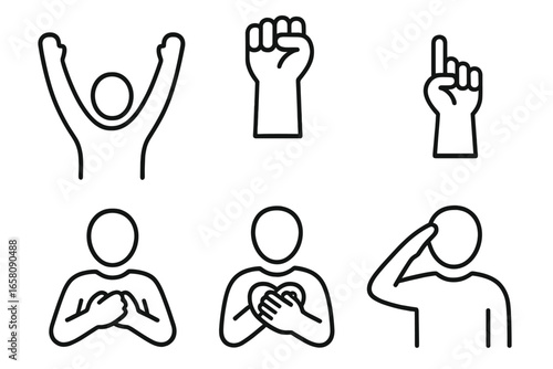 Victory gesture outline icons set with raised arms, clenched fist, hand on heart, pointing skywards, salute symbols, minimalistic vector illustration on transparent background
