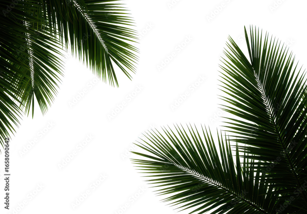 Naklejka premium Closeup of lush green palm leaves against a clean transparent background, perfect for tropical or summer themes