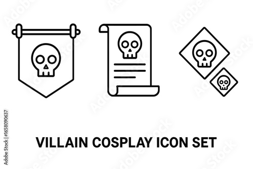 Villain cosplay icon set with outline style featuring group banner, announcement scroll, matching insignia, and villain elements in detailed vector illustration on transparent background