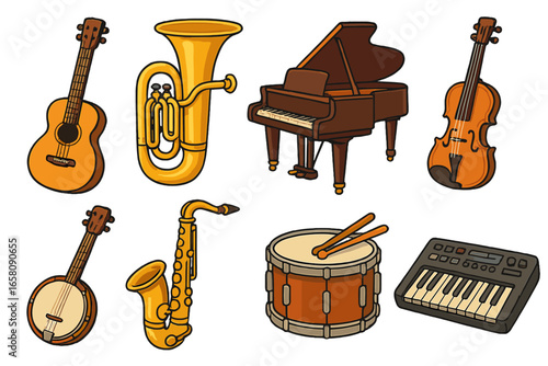 Set of cartoon musical instruments. Vector collection of acoustic guitar, grand piano, violin, saxophone, drum, banjo, tuba, and keyboard. Music and sound design elements.