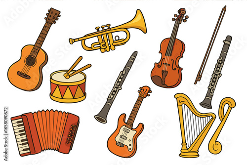Musical instruments vector set. Cartoon music collection. Guitar, trumpet, violin, drum, clarinet, accordion, harp icon. Doodle style. Hand drawn classic orchestra object.