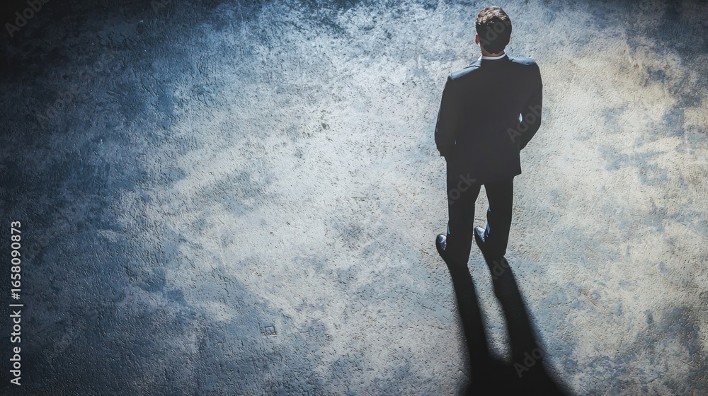 Obraz premium A man in a suit standing against a textured, gray wall with a shadow cast on the ground.