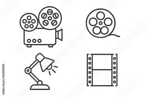Vintage Film Equipment Icons Set with Outline Style, Retro Reel-to-Reel Projector, Classic Film Reel, Antique Lamp, Cinematic Vector Illustration on Transparent Background