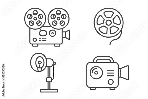 Vintage film equipment outline icons set. Retro movie projector and film reel, studio spotlight lamp, vector illustration for cinema technology, filmmaking, home theater, classic entertainment design