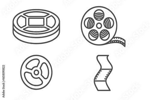 Vintage Film Reel Icons Outline Collection. Retro Metal Film Canister, Spooled Movie Reel, Film Hub, Sinuous Filmstrip Leader. Cinematic Craft, Analog Entertainment, Isolated Vector Illustration.