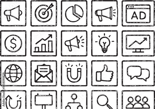 Marketing and business strategy doodle icons Keywords: marketing, business, strategy, icons