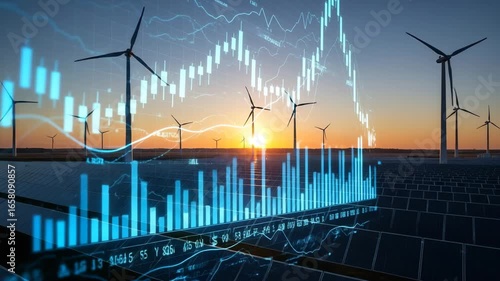 Renewable energy concept with wind turbines and blue financial graph overlay symbolizing sustainable power and economic development