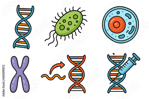 Genetics and biology icon set. DNA helix, chromosome, cell, bacteria. Gene editing, genetic engineering, therapy, CRISPR technology. Science, microbiology vector icons.