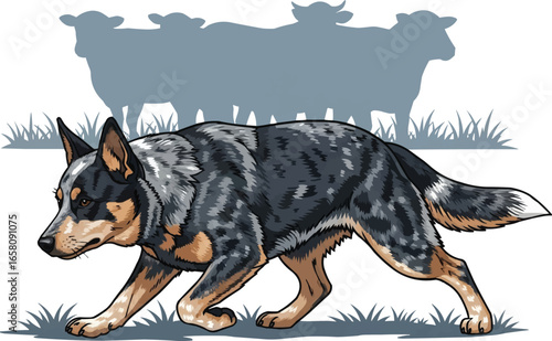 Australian Cattle Dog guarding herd livestock vector illustration