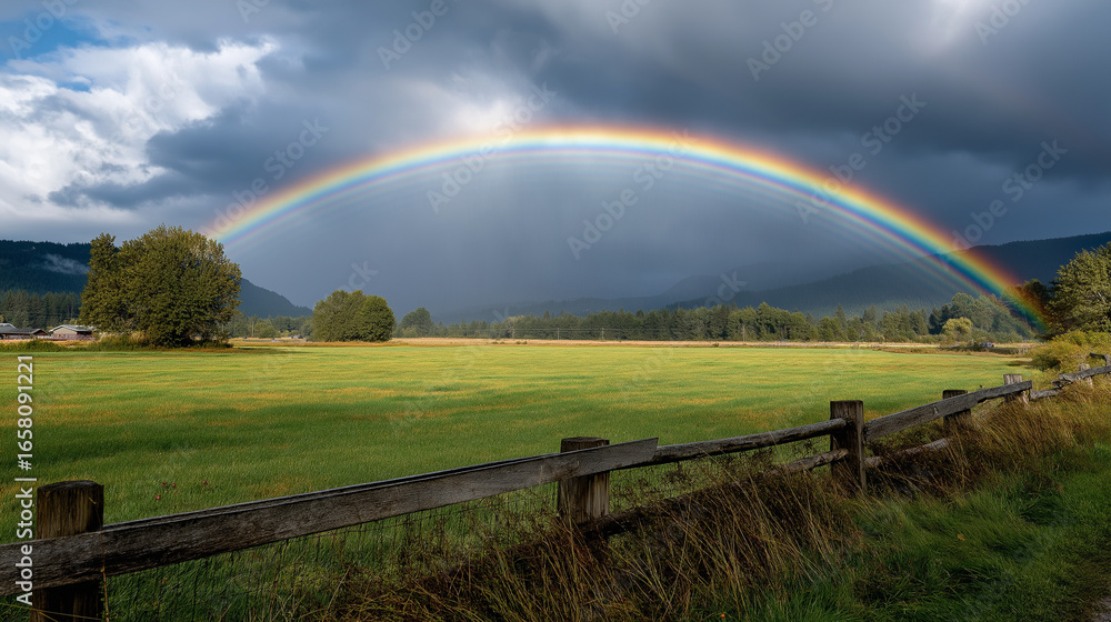 Fototapeta premium A rainbow arcs over a wet pasture in soft light