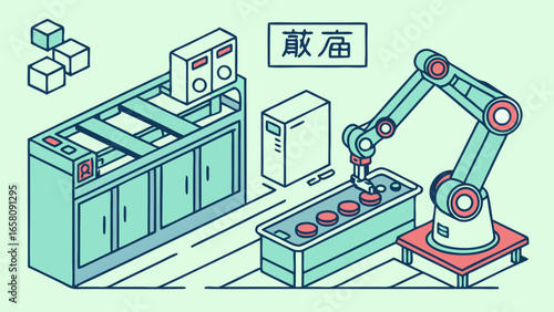 Isometric factory with robot arm assembling product line automation and industrial manufacturing equipment, showcasing technological advancement