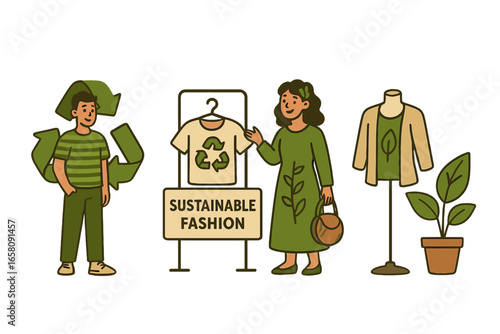 Sustainable fashion concept. People shopping eco-friendly clothes. Recycling symbol, ethical production, conscious consumerism. Green lifestyle, slow fashion vector illustration.