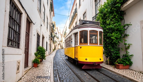 Tram travels down a sunny European street