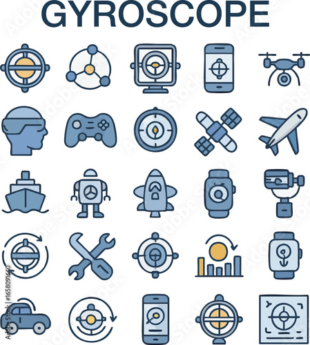 Modern Gyroscope, Navigation & Technology Icon Collection