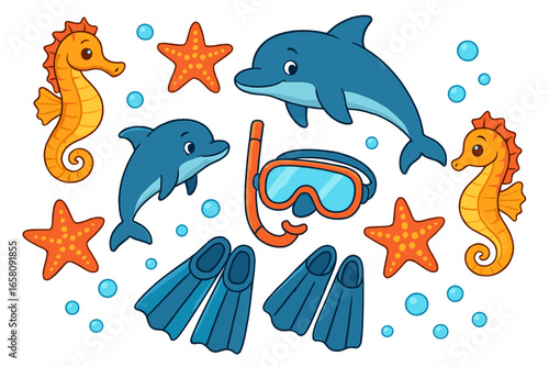 Cute underwater adventure collection. Cartoon sea animal set with dolphin, seahorse, starfish. Snorkeling gear, diving mask, snorkel and flippers for summer fun. Marine life vector.