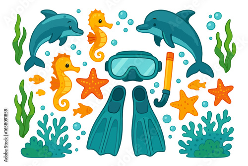 Underwater adventure set with cute sea animals. Cartoon dolphin, seahorse, starfish, fish, coral, algae. Snorkeling gear with mask, fins. Summer vacation, diving vector icons.