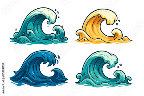 Set of cartoon ocean waves. Vector collection of water splashes and surf symbols for summer beach design. Sea storm and tidal wave illustrations in various colors and styles.