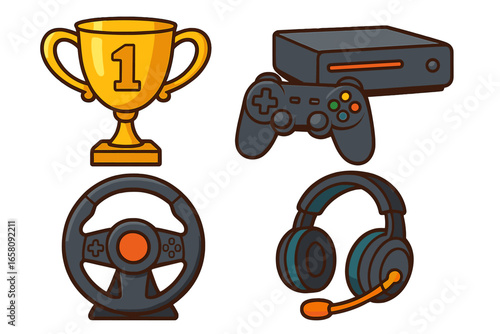 Gaming elements icon set. Video game culture and competitive esports concept. Console, controller, headset, steering wheel and winner trophy. Vector cartoon illustration.